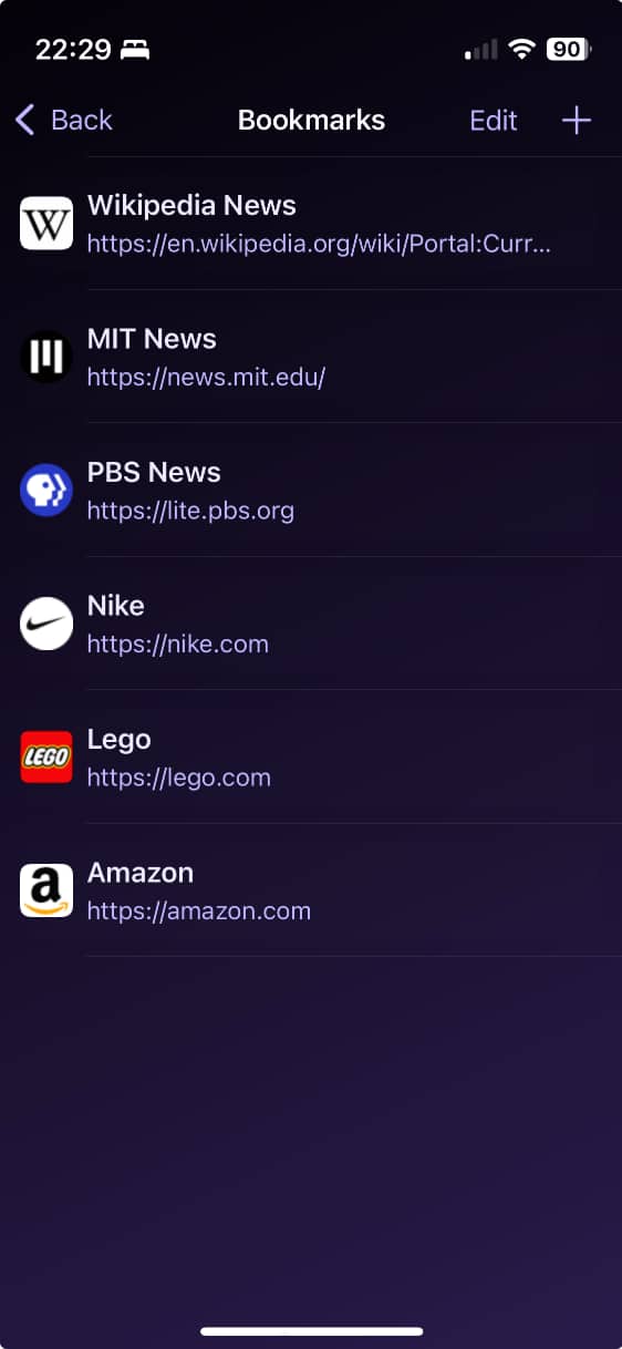 iPhone bookmarks list
