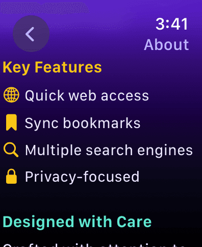 About screen showing key features